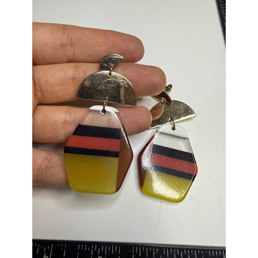 Geometric Resin Drop Earrings Gold Tone Multi Color Striped Statement Dangle